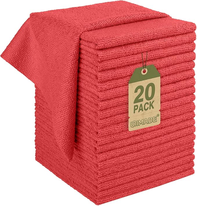 Microfiber Cleaning Cloth, 20 Pack Reusable Microfiber Towels for Cars Lint Free Cleaning Shop Towel Rags for Home Kitchen Automotive Bar Mechanic Restaurant Garage, 11.5"x 11.5", Red