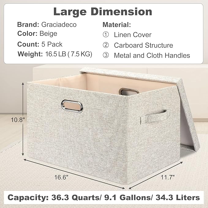 Graciadeco Large 17" 36 Quart Collapsible Stackable Storage Bins with Lids, 5 Packs Beige Linen Fabric Closet Boxes with Lids, Storage Cube Baskets Container Organizers for Bedroom Office(17 x12 x11)