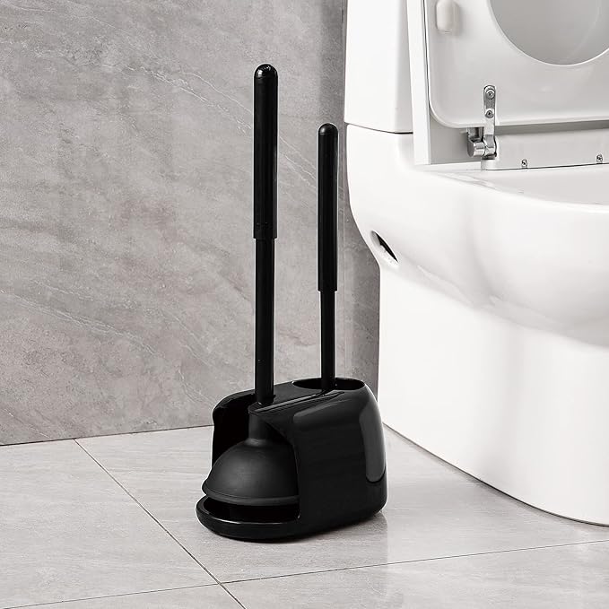 Eyliden Toilet Plunger and Brush, 2 in 1 Toilet Bowl Brush Plunger Set with Holder, Bathroom Cleaning Tools Combo with Caddy Stand (Black)