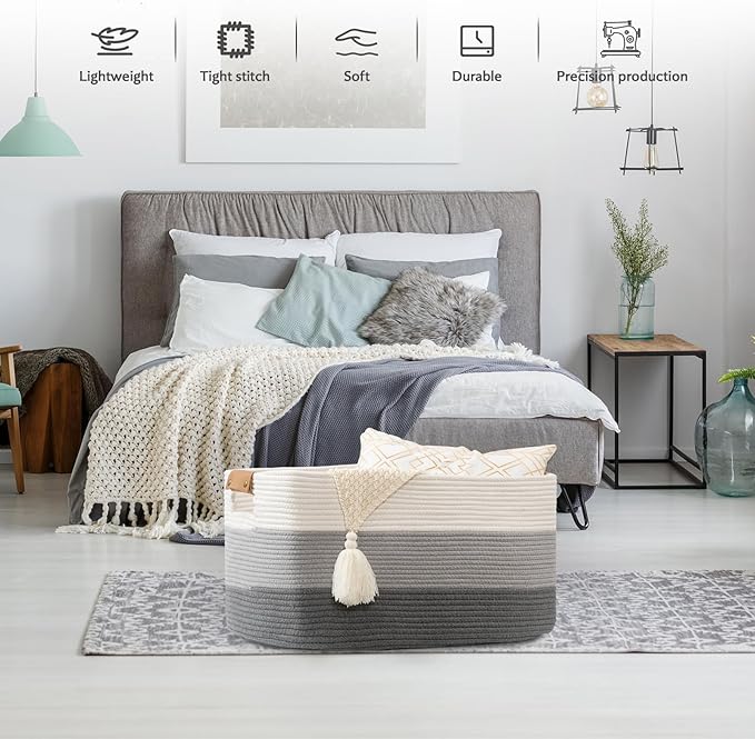 danpinera Large Woven Basket 25’’*16’’*16’’ 108L Woven Baskets for storage Baby Laundry Hamper, Cotton Rope Boho Decorative Storage Bin for Living Room, Nursery, Clothes, Pillows Gradient Grey