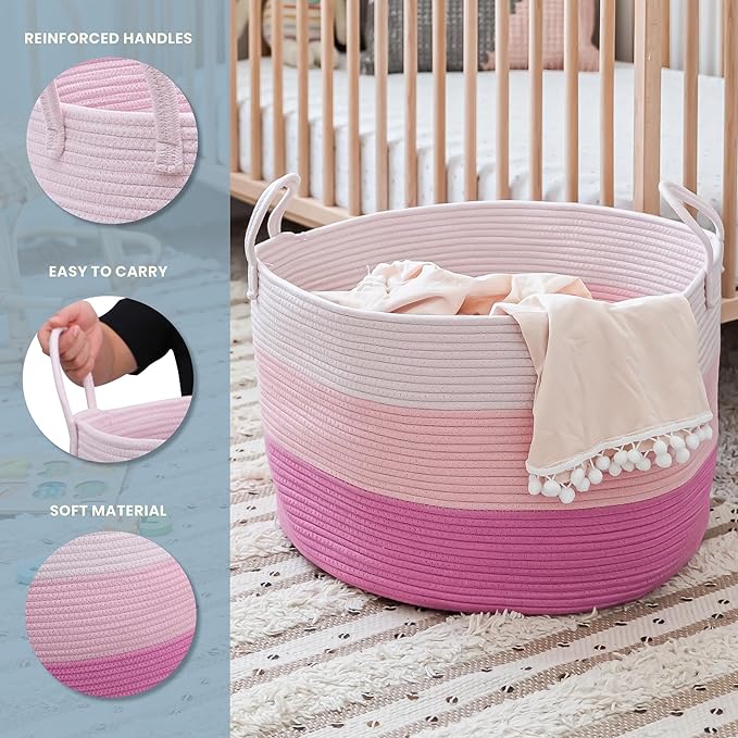 OrganiHaus Large Woven Storage Basket for Blankets and Toys 20" x 13" Inch, Rope Laundry Basket with Handles, Cushions & Pillows Storage Bin, Nursery Hamper, Soft Round Dog Toy Bin - Pink