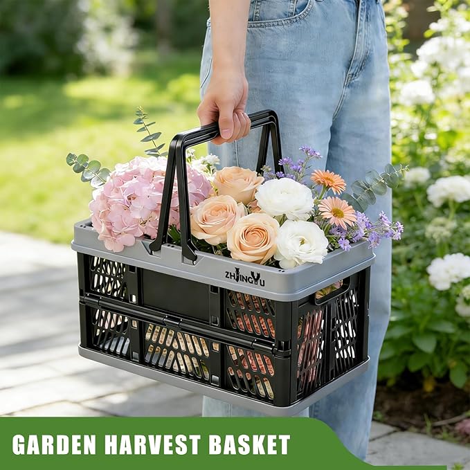Plastic Baskets with handles,2-pack Black Collapsible crates for storage,14.96"x9.84"x7.87" foldable shopping basket ,foldable crate with Handles for car Classroom Kitchen Bathroom Medicine Milk