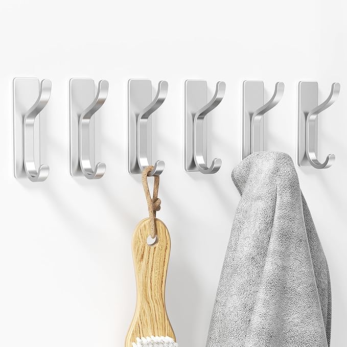 niffgaff Wall Hooks for Coat and Towel: 13lb Adhesive Door Hanger Stick On, Sticky Hook for Wall, Closet, Bathroom - Silver, 6 Pack