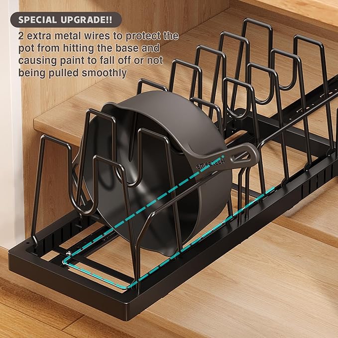 2 Pack Pots and Pans Organizer Under Cabinet, 22" Deep Expandable Pull Out Pot Lid Organizer and Storage with 10 Adjustable Dividers No Drill Pot and Pan Holder Rack with Handle Bracket(Black)