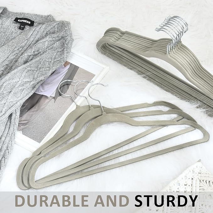 ELONG HOME Velvet Hangers - 50 Pack, Grey Slim Felt Hangers with 360 Swivel Hook, Non-Slip Heavy Duty for Coats & Pants