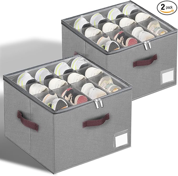 Shoe Organizer for Closet, 2 Pack Large Shoe Box Storage Containers,Shoe Storage Bins Fits 12-16 Pairs，Space Saving Shoe Organizers Bins with Clear Lids and Handles,Grey