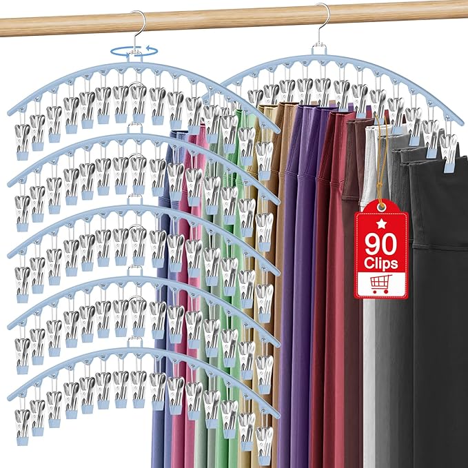 6 Pack Legging Organizer for Closet Hanging, Pants Hangers with Clips Holds 95 Leggings, Shorts, Skirts, Jeans, Hats, Pants Hangers Space Saving Clothes Racks Closet Organizers and Storage, Blue