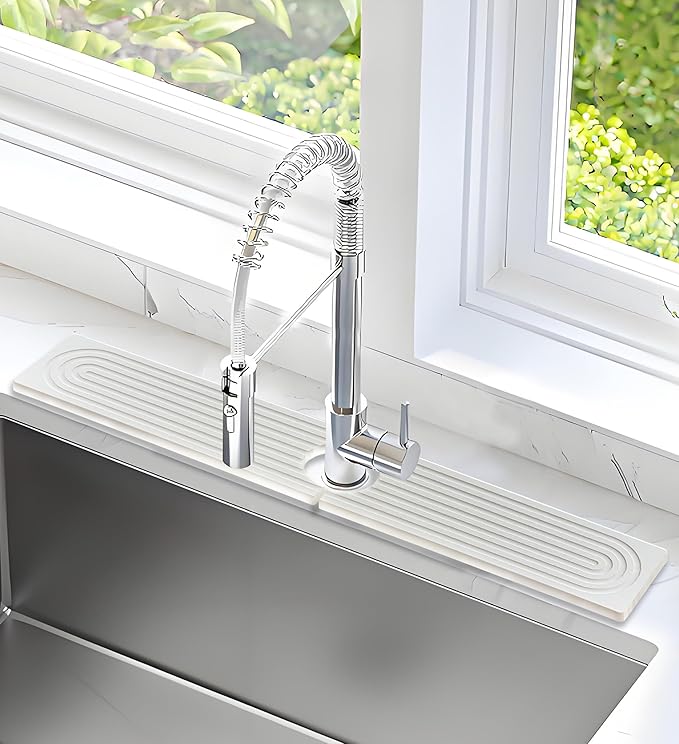 Faucet Mat for Kitchen Sink, 23.6'' Diatomite Stone Drying Mat,Quick Drying Splash Guard,Super Absorbent.Elegant Kitchen ,Bathroom Sink Splash Guard, Durable Countertop Protection (White)