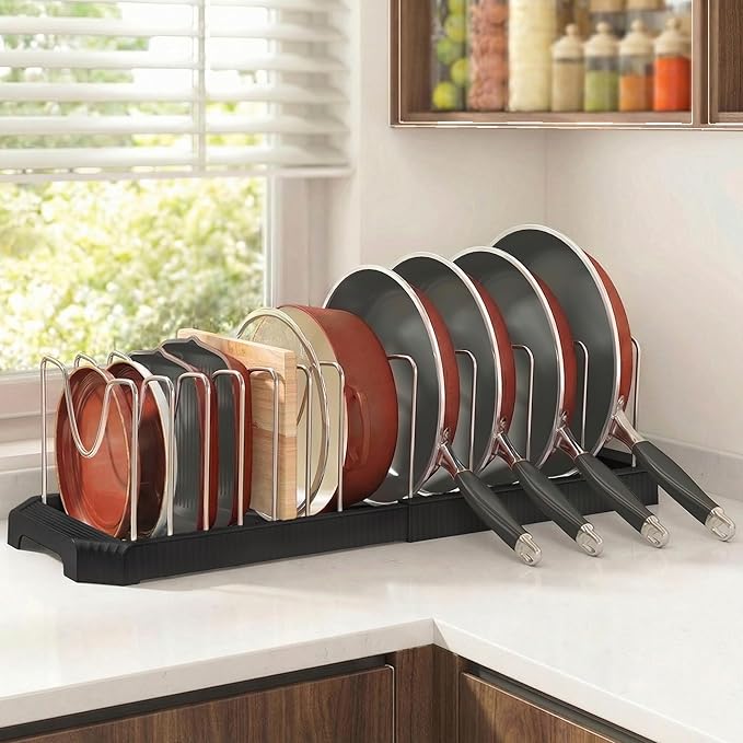 Pots and Pans Organizer for under Cabinet, Pan Pot Organizers inside Cabinet, Expandable Organizer with 12 Adjustable Dividers for Cookie Sheets, Cutting Boards, Pot Lids, Cookware - Pan Rack, Black