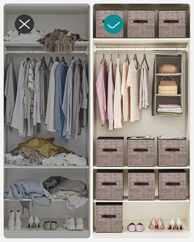 SONGMICS Storage Cubes, 11-Inch Non-Woven Fabric Bins with Double Handles, Set of 6, Closet Organizers for Shelves, Foldable, for Clothes, Walnut Color UROB026K02