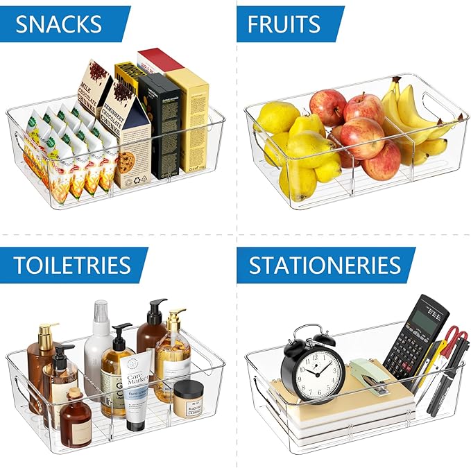 Pantry Organizers and Storage, 8 Pack Snack Organizer for Pantry Shelf,Food Storage Bins with Divider,Clear Containers for Organizing,Transparent Plastic Basket,Refrigerator and Fridge Bins