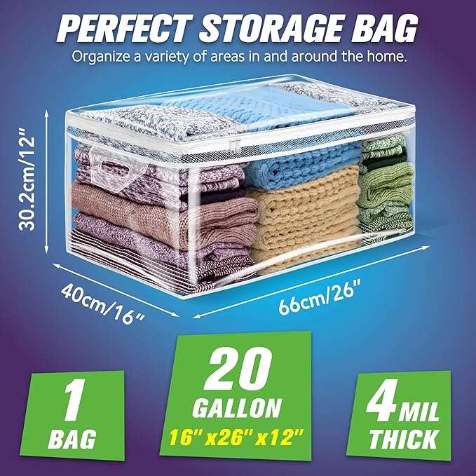 HIBAG 20 Gallon Large Storage Bag for Clothes, Zipper Clothing Storage Bag, Clear Organizer with Reinforced Handles, for Comforters Blankets Pillows Bedding (1 Pack)