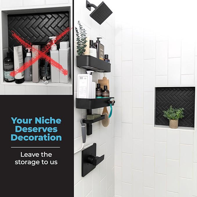 ShowerSMART Rust Resistant Hygienic Shower Caddy – Hanging Bathroom Organizer with Adjustable Shelves, Easy Clean Trays & Magnetic Hooks for DIY Remodels & Shower Niches - Black