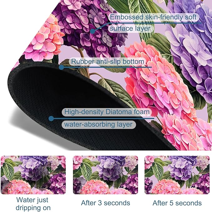 Colorful Hydrangea Sink Splash Guard Faucet Mat Purple Pink Hydrangea Super Absorbent Fast Drying Mat Sink Gadgets-Splash Guard Behind Faucet Drip Catcher for Kitchen Bathroom, 15.5"x5.5"