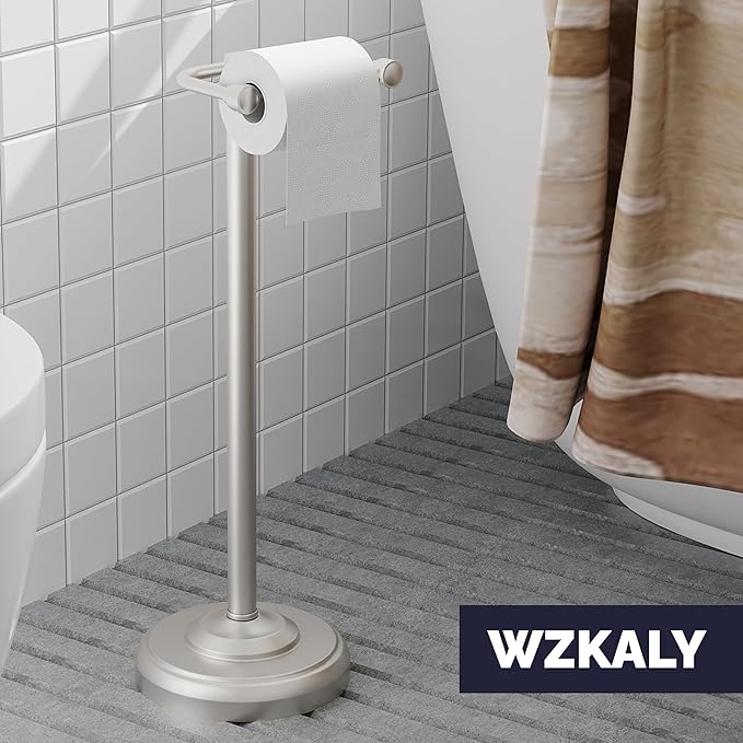 WZKALY Toilet Paper Holder Stand, Brushed Nickel Toilet Paper Holder Free Standing, Post Pivoting Design & Stable Weighted Base SUS304 Stainless Steel for Bathroom(Mega Roll)