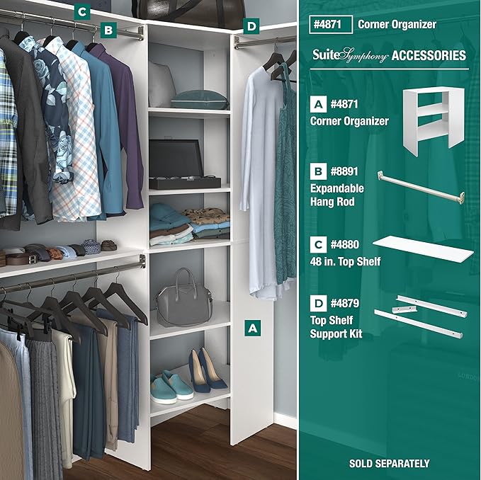 ClosetMaid SuiteSymphony Wood Corner Shelf Unit, 2 Shelves, Adjustable, Stacking, For Storage, Closet, Clothes, Shoes, Décor, Pure White