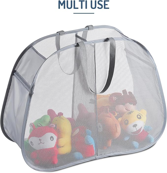 Mesh Popup Laundry Hamper 2 Compartment, Collapsible Laundry Sorter Basket Foldable Hamper for Clothes, College Dorm, Travel (Gray)