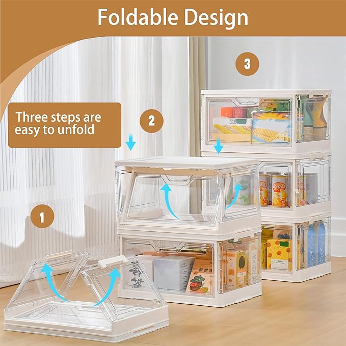 Storage Bins with Lids 3 Pack Clear Stackable Plastic Closet Organizers Containers w/Magnetic Door Box for Wardrobe Bedroom Office Dorm