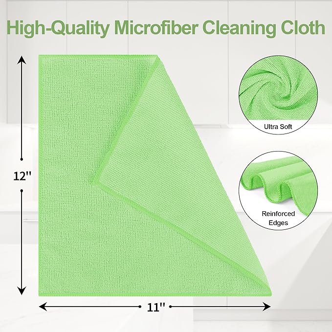 HOMERHYME Microfiber Cleaning Cloth, 12 Pack Green Cleaning Rags,12" X 11" Lint Free Dish Towels Wash Cloths, Reusable Microfiber Towels for Home and Kitchen Bathroom Apartment Cleaning Supplies