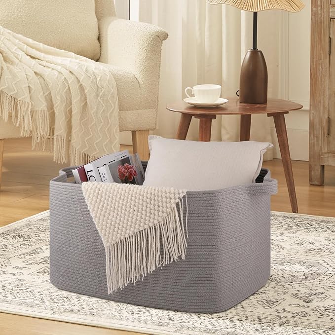 Extra Large Blanket Basket, 24" x 16.9" x 14.2" Woven Storage Basket for Living Room, Rectangle Nursery Blanket Storage for Toys, Towels, Dirty Clothes (Light Grey)