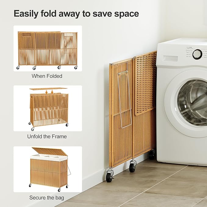 WOWLIVE Laundry Hamper with Wheels, 160L Handwoven Rolling Laundry Basket 3 Section with Lid, Clothes Hamper with Removable Liner Bags, Large Capacity Laundry Sorter Laundry Room Organization, Natural