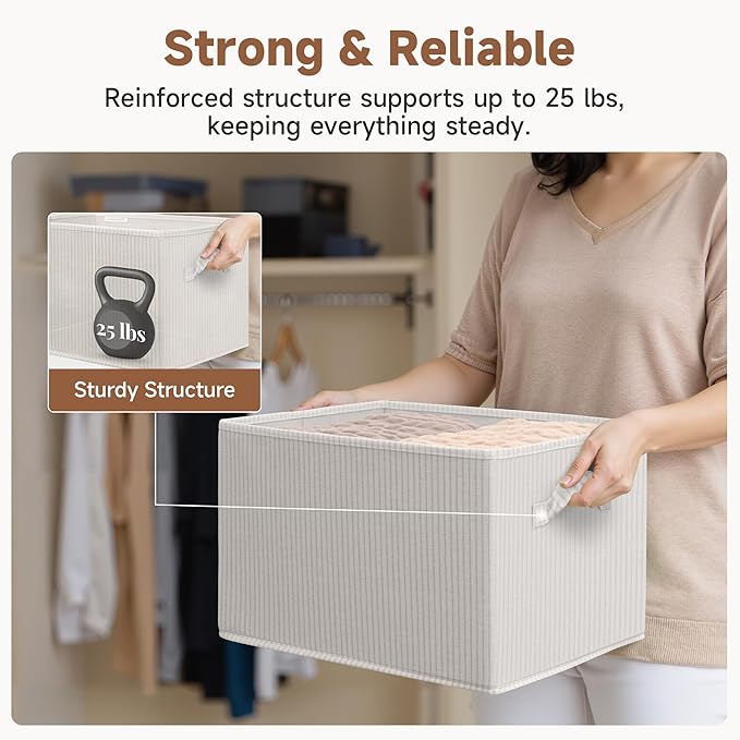 StorageWorks Foldable Shelf Organizer Bins, Closet Storage Baskets for Clothes, Storage Bins for Organization, Beige Stripes, 3-Pack, Extra Large
