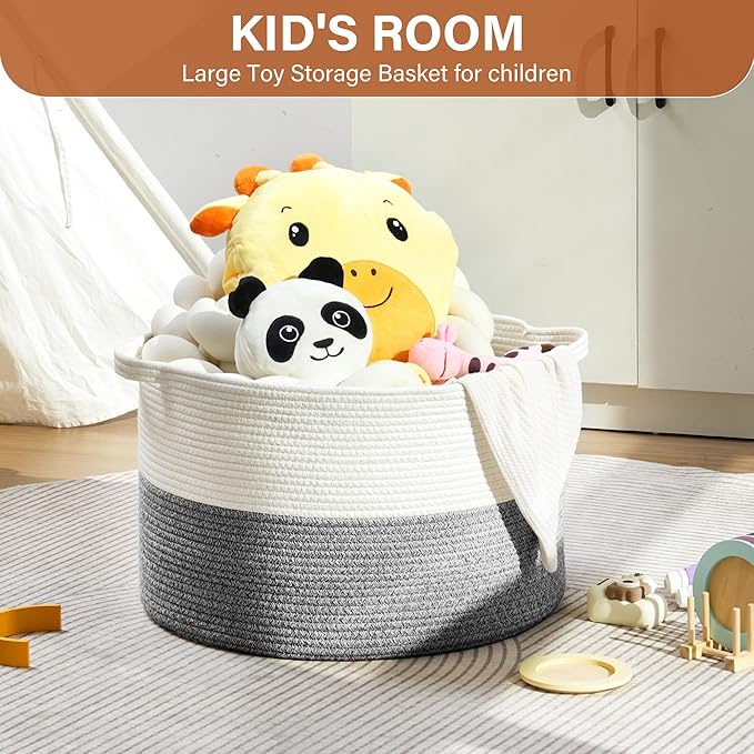 Foldable Laundry Hamper Basket with Collapsible Handle Cotton Rope Soft Woven Fabric Storage Organizer Clothes Toys Nursery Bedroom Dorm Space Saving Bin (White & Light Grey, 80L(21.7"D x 13.8"H))