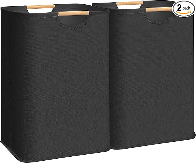 STORAGE MANIAC 2-Pack Large Laundry Hamper, 80L (21.1 Gal) Collapsible Laundry Basket with Bamboo Handles, Freestanding Waterproof Clothes Hamper for Laundry Room, Bedroom, Dorm, Towels, Toys, Black