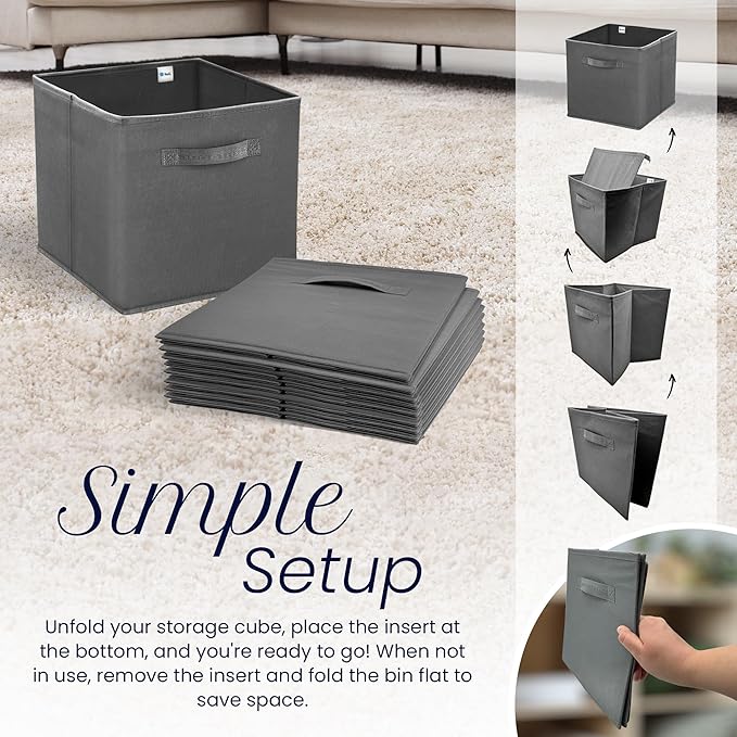 Reli. 11 Inch Cube Storage Bins (4 Pack) | Cube Organizer Bins | 11x11 Fabric Storage Boxes | Collapsible, Foldable Fabric Cubby Box (Square) | Kids Room Organization (Dark Gray)
