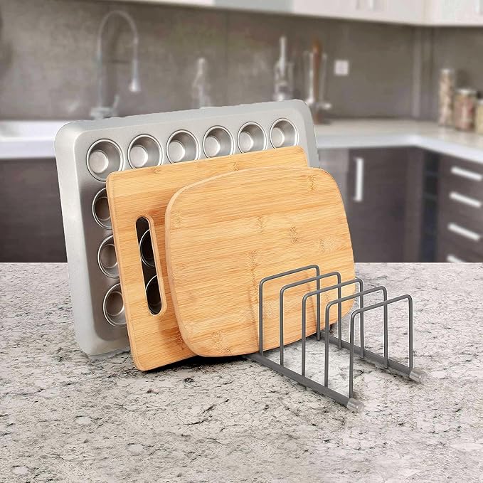 FitWell Kitchen Bakeware Organizer,Plate Racks,Rack for Plastic Lids,Cutting Boards,Cookie Sheets,Pots & Pans Holder,Compact Kitchen Storage,Cabinet Organizer (Industrial Gray)
