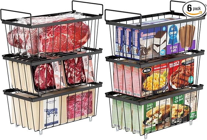 iSPECLE Chest Freezer Organizer Bins - Fits 7 Cu.Ft Deep Freezer, 6 Pack Stackable Wire Baskets(14.7" Length), Heavy Duty Coated Freezer Organizer, Rust Resistant for Frozen Food Sorting, Black