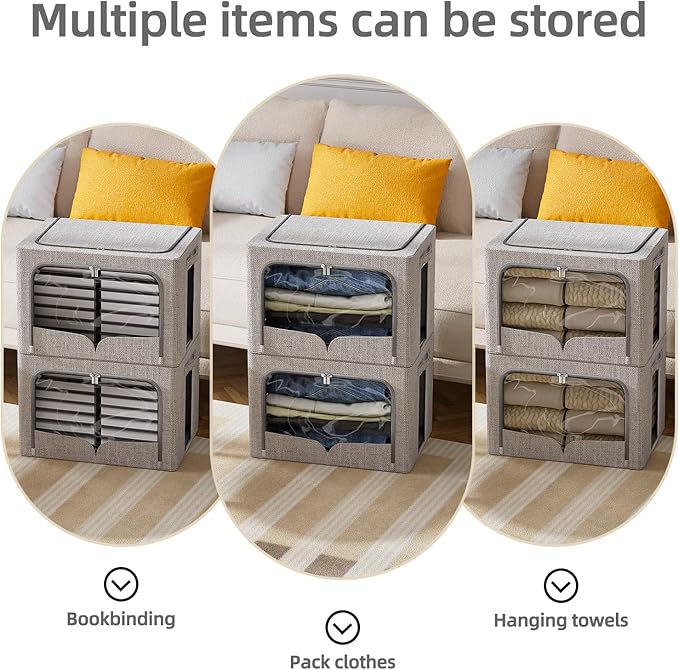 FHSQX 3 Pack Clothes Storage Bins - Foldable Metal Frame Storage Box - Stackable Linen Fabric Container Organizer Set with Carrying Handles and Clear Window (Light Gray, 16.5x12.2x12.2inch(40L))