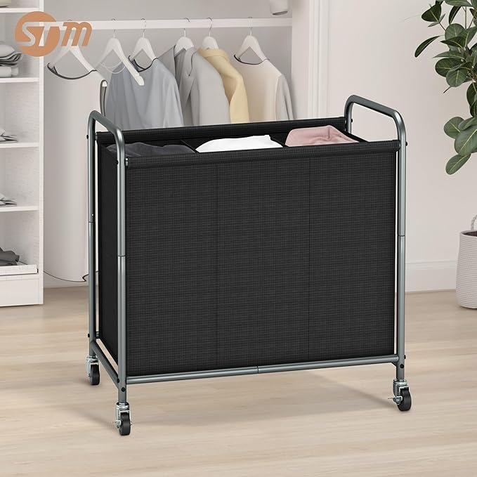 STORAGE MANIAC Rolling Laundry Hamper, 165L Laundry Basket with Lockable Wheels, Triple Clothes Sorter Cart, 3 Bag Clothes Separator Hamper for Closet, Bathroom, Laundrys Room, 3 Section Black