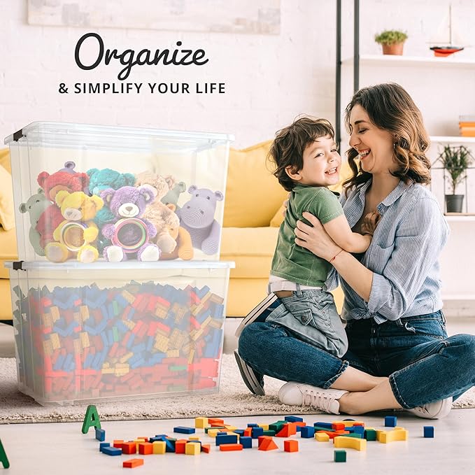 Lifetime Appliance Parts 4 PACK 97 Qt. Plastic Storage Bin Tote Organizing Container with Ultra Durable Lid & Secure Latching Buckles Stackable Extra Strength Clear w/Black Handle