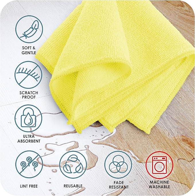 Hearth & Harbor Microfiber Cleaning Cloth Towels for Cars, 24 Pack Yellow Washcloths, Reusable Lint-Free Rags, 12x12 Inches
