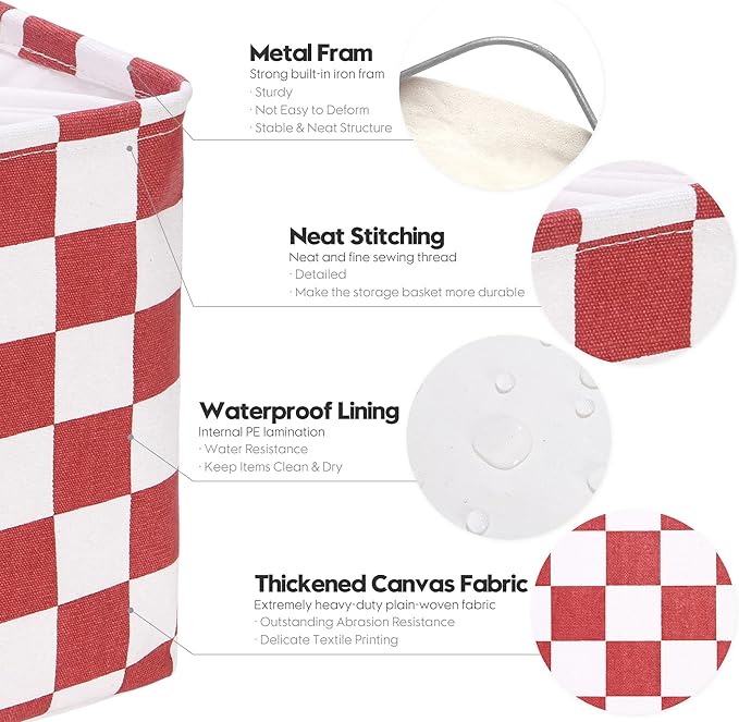 Hinwo 3-Pack Cubic Organizer Shelf Bins, Canvas Fabric Storage Baskets with Handles, 22L/5.8-Gal Square Storage Bins, Cubes, Collapsible Storage Box, 11 x 11 x 11 Inches (S, Red Checkerboard)