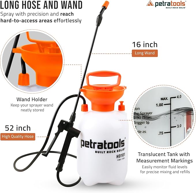 Petratools 1 Gallon Pump Sprayer – HD101 Garden Sprayer for Weeds, Lawn Care & Pesticides – 52” Long Hose, 2 Nozzles & Easy Carry Handle – Durable & Lightweight (Pack of 2)