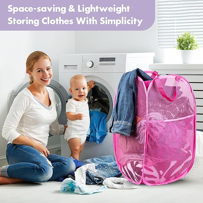 DUCOO Pop Up Hamper, 2 PCS Mesh Pop Up Laundry Hamper, Foldable Mesh Laundry Basket with Space Saving Design for Home, Dorm, Travel and Storage, Pink