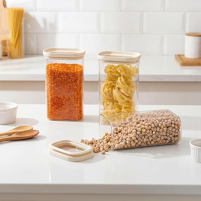 Urban Green Glass Food Storage Jar with Glass Lid in Ractangle Shape, Food Canister Set with Airtight Lids, Pantry Storage Jar for Kitchen Organization. Food Storage Containers in Pack of 3, 40oz.
