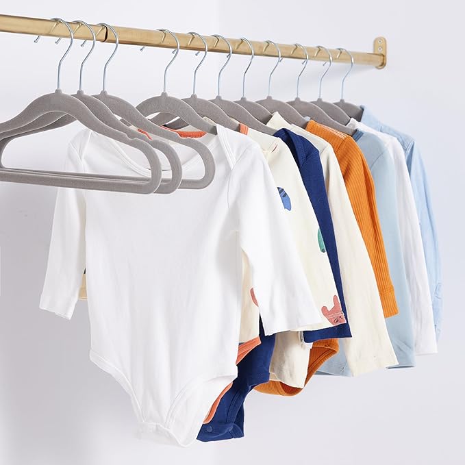 Amazon Basics Kids Velvet Non-Slip Space Saving Clothes Hangers with Shoulder Notches, Sturdy Closet Organizer for Baby/Toddler, 11.6", Gray, 30-Pack