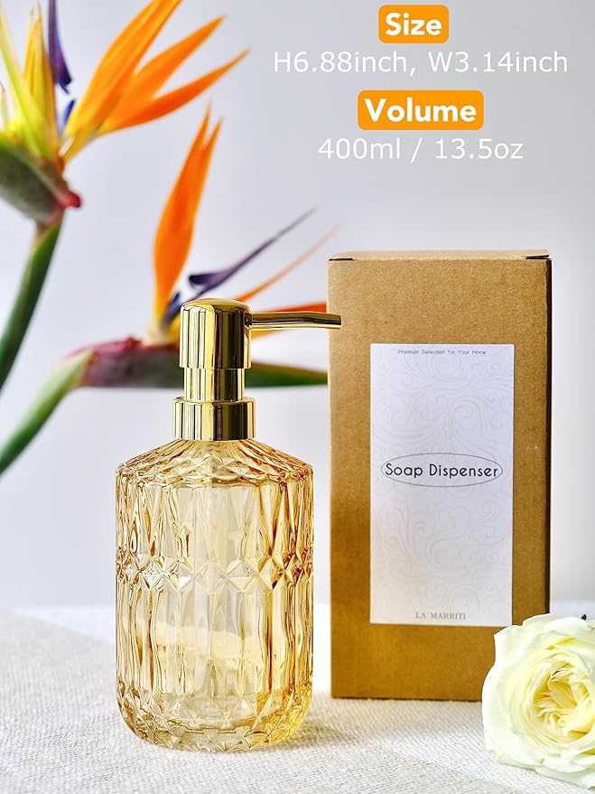 Clear Glass Soap Dispenser with Gold Rust Proof Pump, Refillable Thick Glass Kitchen Soap Dispenser, Lotion Dispenser Bathroom for Hands Soap, Dish Soap, Body Wash (Yellow Gold