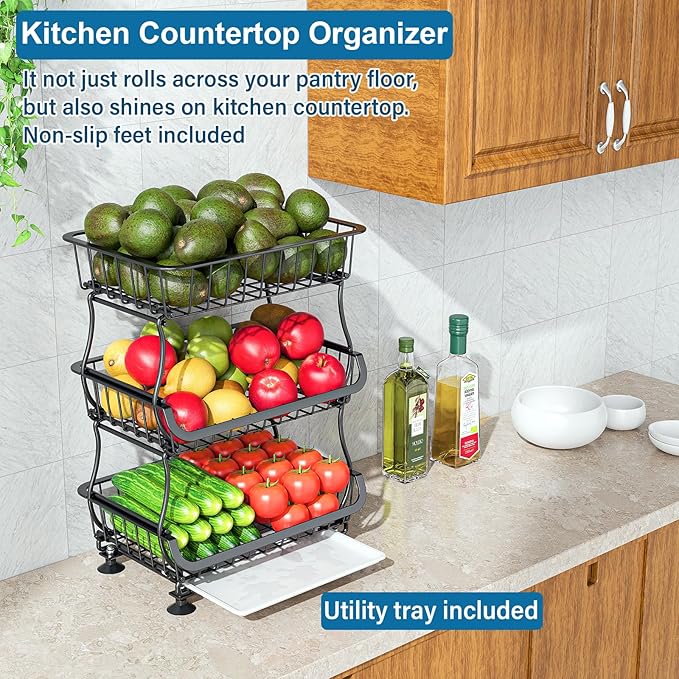 3-Tier Rolling Pantry Floor Organizer and Storage Cart with Wheels, Stackable Wire Pantry Baskets for Pantry Shelves, Kitchen Fruit Basket Stand and Storage Rack for Fruit Snack Onion Potato