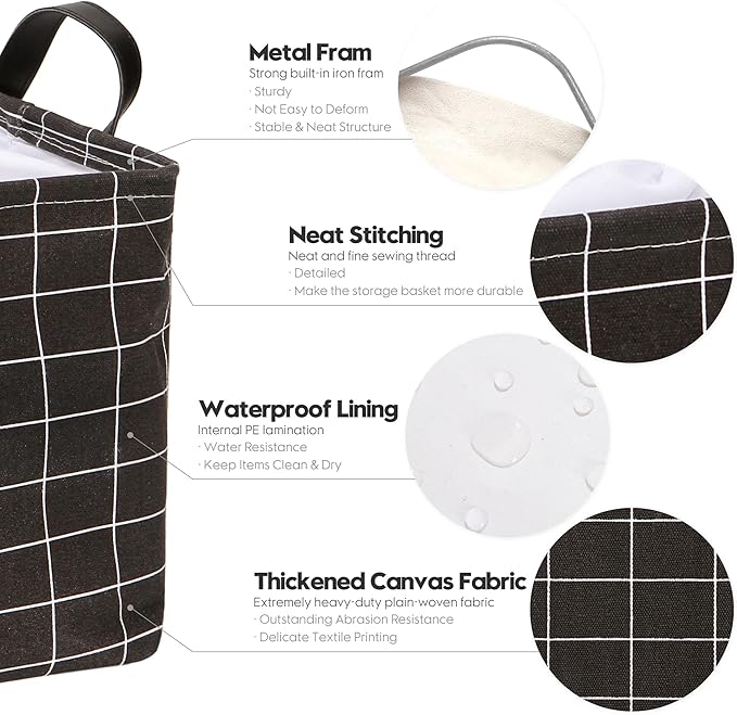 Hinwo 2-Pack Large Canvas Fabric Storage Basket with Handles, 33L/8.6-Gal Rectangle Bin, Collapsible Storage Box, Clothes, Toys, Blankets Organizer, 16.5 x 12 x 10 Inches (L, Black Grid)