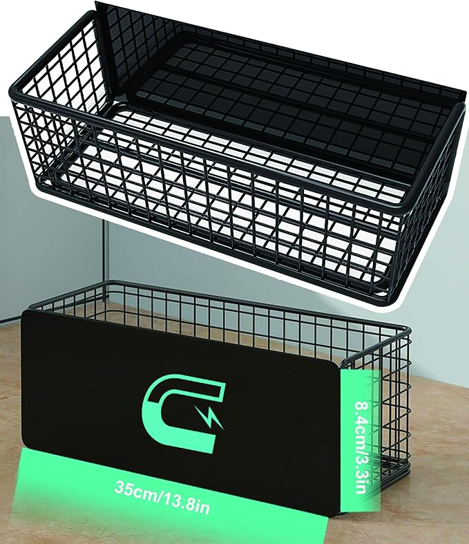 Magnetic Basket Fridge Large Magnetic Pen Holder Whiteboard Metal Wire Basket Storage Item Organizer (Large Black)