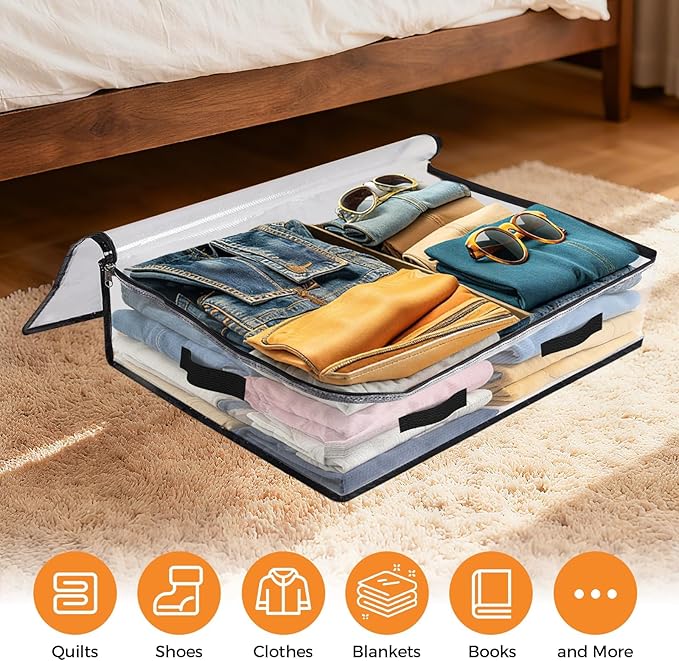 4 Pack Under Bed Storage Bags, 60L Foldable Clear Storage Containers with Handles, Dual Zippers for Comforter, Clothes, Bedding, Linen Sheets, Sweaters, Blanket Storage