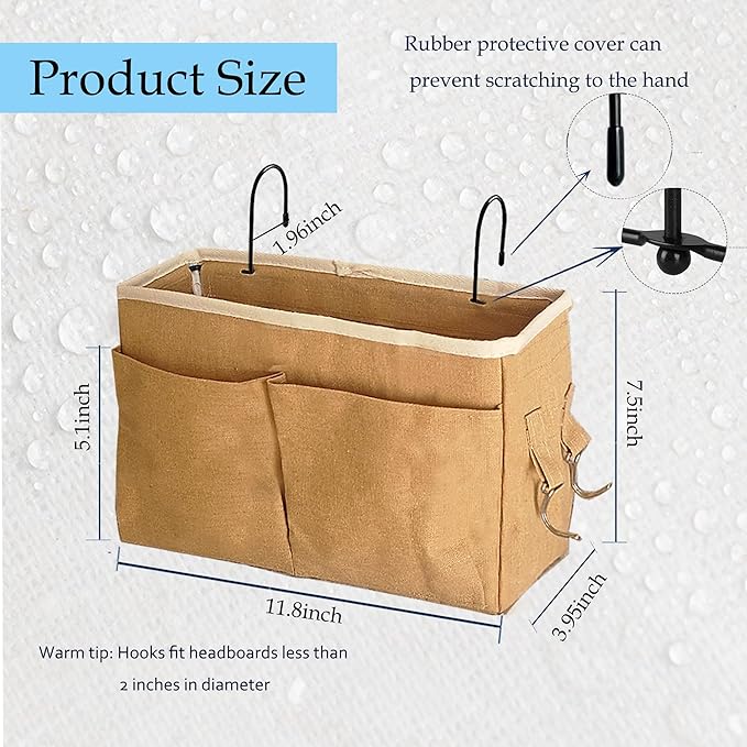 Someteth Bedside Caddy Bedside Hanging Storage Basket Multi-Function Organizer Caddy for Bunk and Hospital Beds Dorm Rooms Bed Rails, Can be Placed Glasses Books Mobile Phones（2pcs Dark khaki）