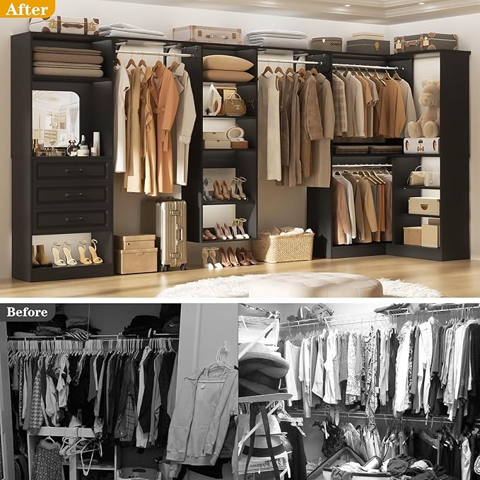 Unikito Modular Closet System with 3 Sets, 131”Corner Closet Organizer System With Mirror, Drawers, Hanging Rods & Adjustable Shelves, Freestanding Wood Wardrobe Organizer, Walk in Closet Tower, Black