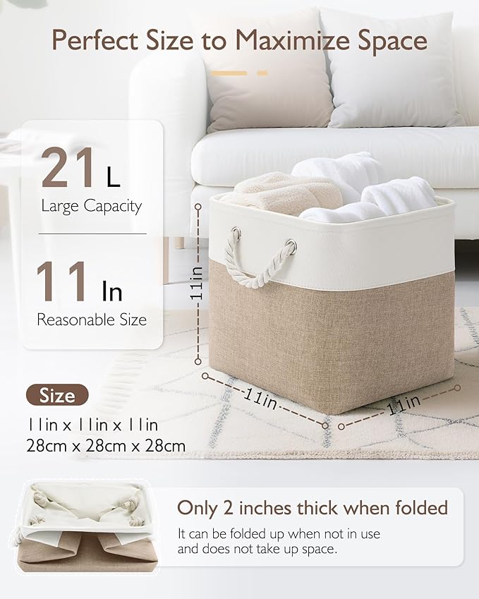 11 Inch Cube Storage Bins, 4 Pack Fabric Storage Cubes with Rope Handles, Organizer Baskets for Closet Shelves, Clothes and Home Organization(White/Khaki)