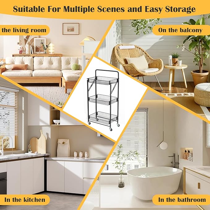 Folding Storage Rack 3-Tier Mesh Storage Shelf Portable Closet Shelving Unit with 360°Removable Wheels for Kitchen/Living Room/Bathroom/Laundry Room/Pantry/Garage/(Max Load Capacity 200 lb)
