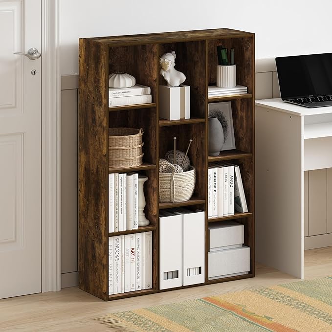 Furinno LUDER Book Shelf, 11-Cube Bookshelf, Reversible Bookcase, 9.4 x 29.1 x 41.7, for Living Room, Bedroom, Home Office, Amber Pine